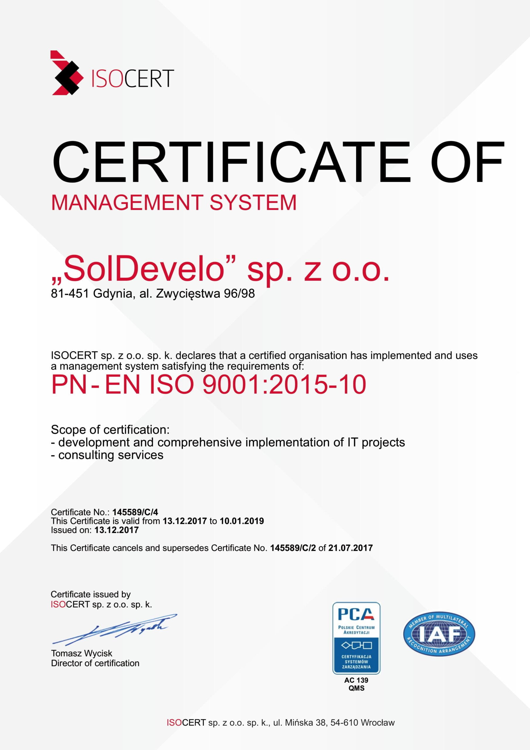 SolDevelo- ISO 9001 Certificate