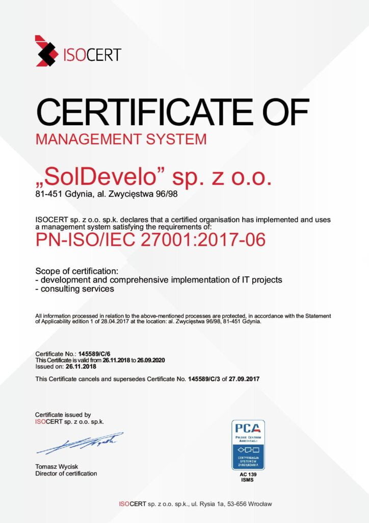 ISO Certificate 27001-2018 for Soldevelo