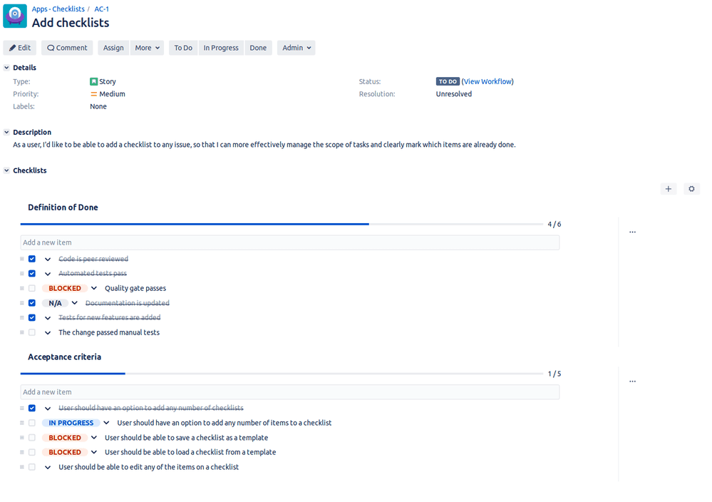 Multiple Checklists for Jira
