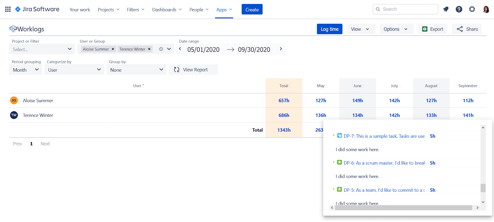 Worklogs - time tracking and reports show logged hours