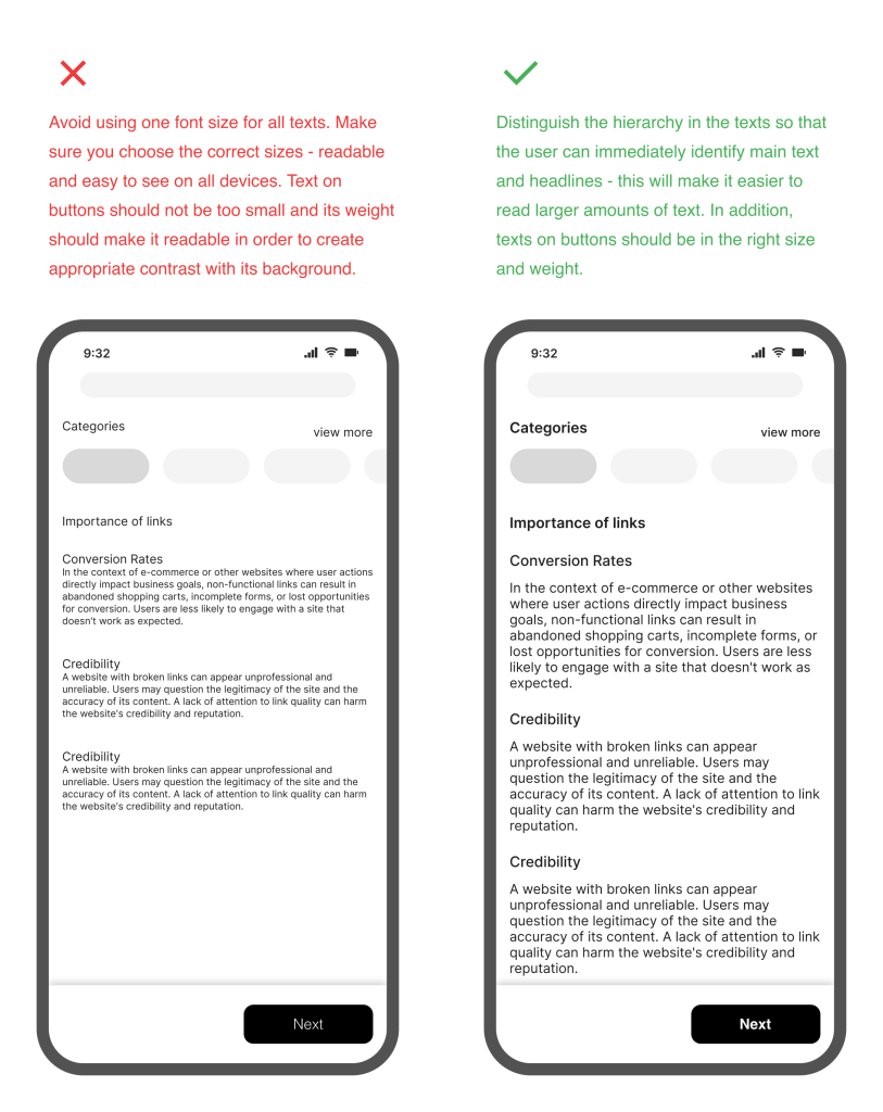 Hierarchy of texts needs to be clear. Buttons should be in the right size and weight.